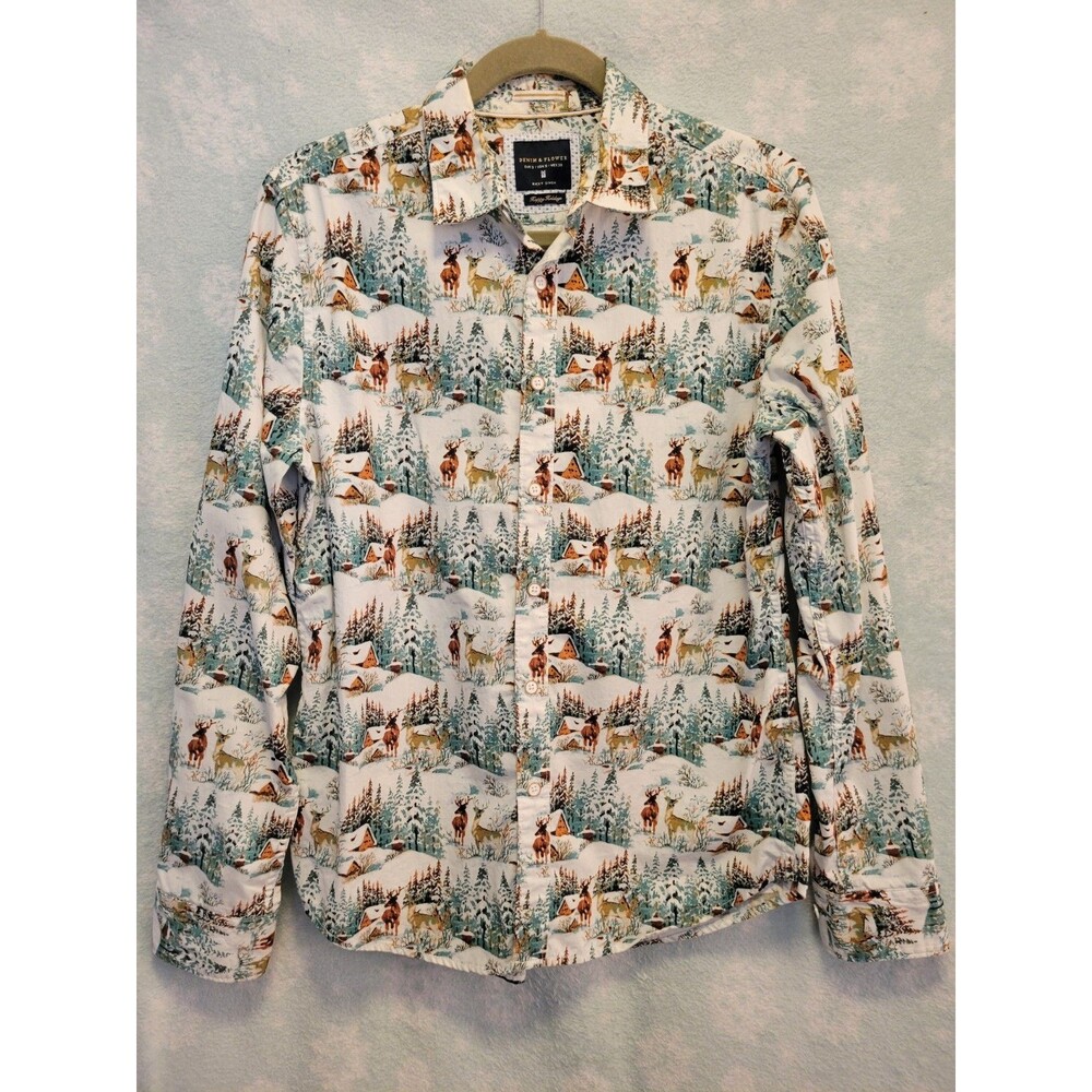 White Deer Snow Forest Winter Holiday Button Shirt Mens Denim Flower Christmas